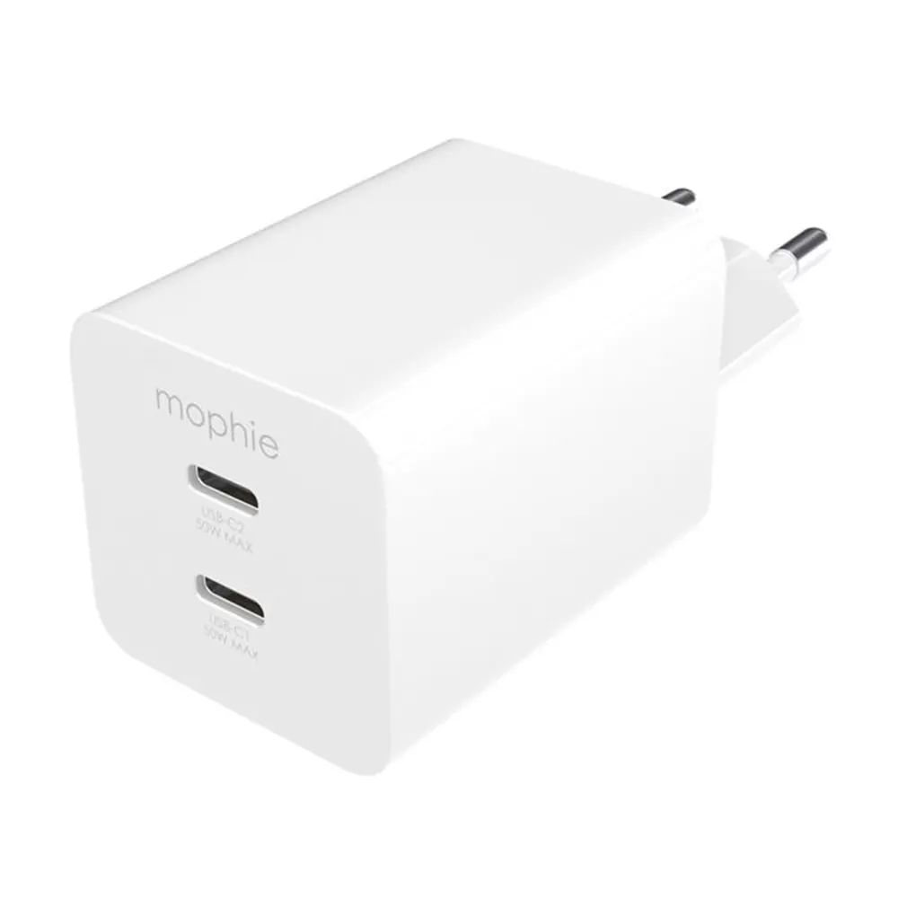شاحن حائط موفي إيسينشيالز بقدرة 50 واط بمنفذين USB-C بتقنية الشحن السريع PD، باللون الأبيض