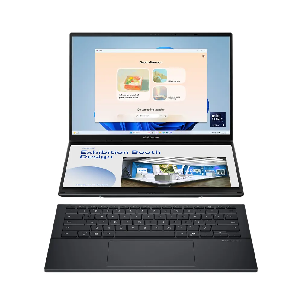 أسوس زينبوك ديو UX8406CA-PZ062W – معالج إنتل كور ألترا 7 255H – ذاكرة 32 جيجابايت – تخزين 1 تيرابايت SSD – بطاقة رسومات إنتل آرك – شاشتان 14 بوصة 3K OLED بمعدل تحديث 120 هرتز